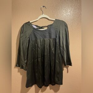 Lavender Label Wera Wang Mixed Media Green Wool Silk Bow Short Sleeve Blouse A 1